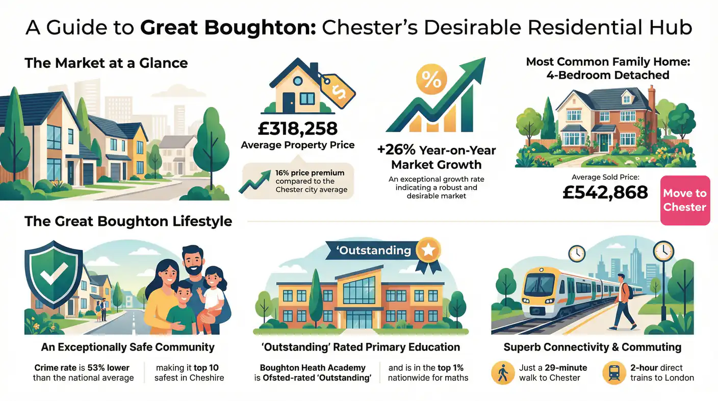 A Guide to Great Boughton: Chester's Desirable Residential Hub infographic divided into two main sections. The top section, The Market at a Glance, shows modern houses in a green neighbourhood, a house icon with £318,258 Average Property Price and 16% price premium compared to Chester city average, a green upward-trending graph indicating +26% Year-on-Year Market Growth described as an exceptional growth rate indicating a robust and desirable market, and the Most Common Family Home: 4-Bedroom Detached with Average Sold Price of £542,868. The bottom section, The Great Boughton Lifestyle, features a shield icon with a family of four under An Exceptionally Safe Community showing crime rate is 53% lower than the national average making it top 10 safest in Cheshire, a school building with Outstanding rating for Boughton Heath Academy which is Ofsted-rated Outstanding and in the top 1% nationwide for maths, and train illustration under Superb Connectivity and Commuting showing just a 29-minute walk to Chester and 2-hour direct trains to London.